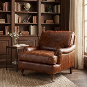 Poltrona Bergère em Couro Legítimo Top Grain Marrom Newark – 115 cm